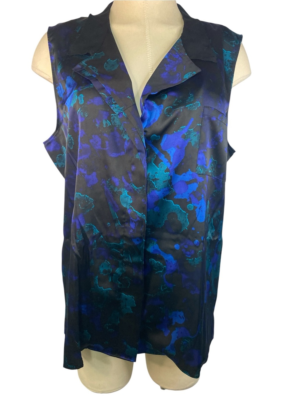 Tahari Sleeveless V-Neck Satin Blouse in Blue Green Print Women’s XL